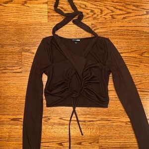 Fashion Nova Chocolate Brown Criss Cross Ribbed Long Sleeve Crop Top